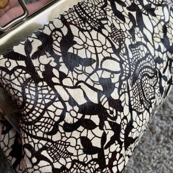 Handmade Real hair-on-horsehide Black Lace Printed Metal Frame Bamboo Handle Bag - Picture 14 of 16